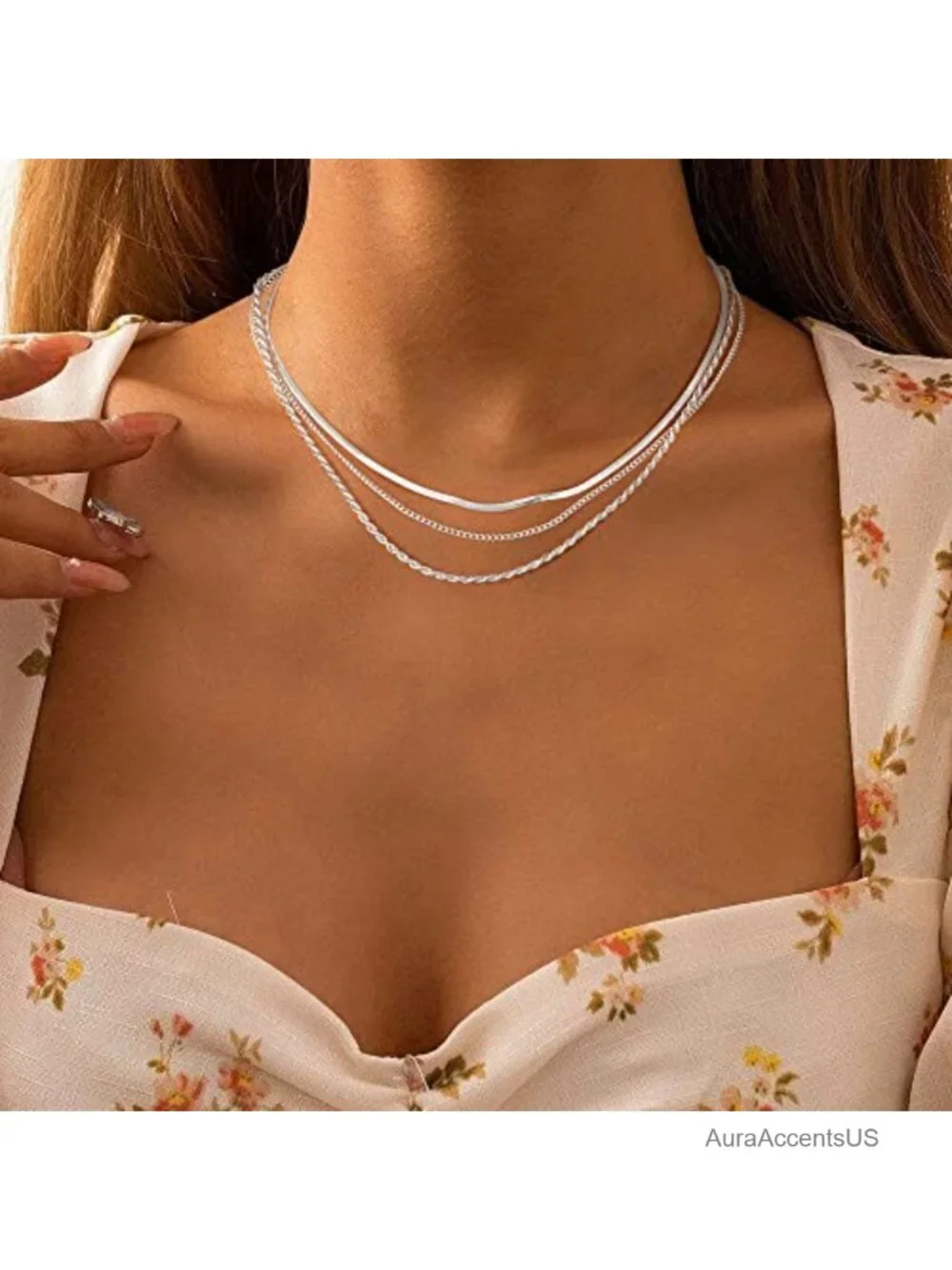 Layered Herringbone Chain Necklace Set Sterling Silver Plated Women Stackable